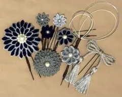 つまみ細工 髪飾りセット① 紺×水色