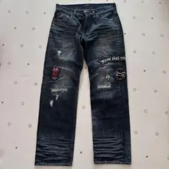 ダメージ加工ダークブルーデニムパンツ