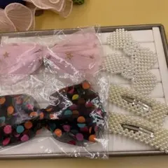 k03ピンク星柄リボンと水玉リボンパールヘア6点ピンセット