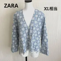 ザラ ZARA 刺繍 ブラウス ライトブルー 白　Vネック XL相当　ゆったり