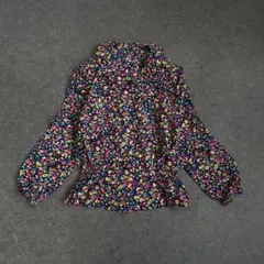 vintage 小花柄 フリル ブラウス ネイビー系 昭和レトロ