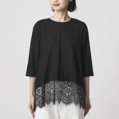 green label relaxing ブラック レーストリム 五分袖Tシャツ