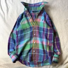 ラルフローレン 麻リネン 100% マドラスチェック シャツ ブラウス ブルー