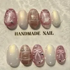 ネイルチップ ピンク ホワイト リボン　マグネット パール ドット 韓国風