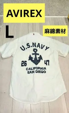AVIREX U.S. NAVY 豪華刺繍　半袖シャツネイビー　白　リネン　Lのサムネイル