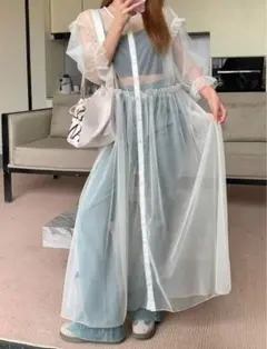 FRIFUL シアー素材 チュール フリル長袖ロングワンピース