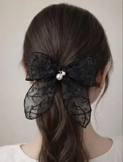 SHEIN ブラック レース リボン ヘアクリップ パール付き【新品】のサムネイル