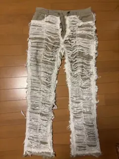 ダメージ加工 パンツ カーキ ホワイト