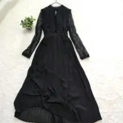 ✧タグ付き未使用【チコ】袖レースロングプリーツワンピースF　黒　パーティードレス