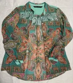【美品】ZARA ペイズリー柄 透け感 シフォン 長袖ブラウス シャツ グリーンのサムネイル