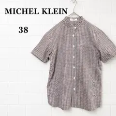 ミッシェルクラン♦︎半袖シャツ ギンガムチェック M バンドカラー 赤 ポケットのサムネイル