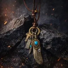 フェザー ターコイズ ネックレス メンズ レディース アンティーク風 レザー紐