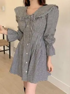 【美品】韓国風 ガーリー ギンガムチェック ミニワンピース セーラー襟
