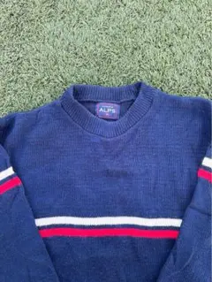 【希少】80s ALPS ヴィンテージ スキーニット紺 M 胸ラインレトロ古着