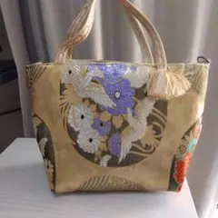 袋帯バッグ シルバー 華文花文 小ぶり パールタッセル 帯リメイク