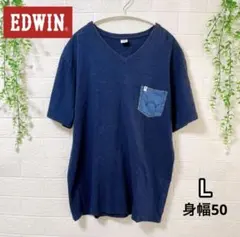 EDWINエドウィン VネックTシャツ L 紺デニムポケット 綿100男女兼用のサムネイル