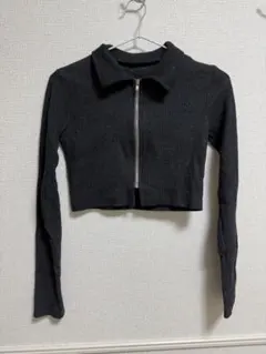 ダークグレー リブ編み ジッパー付き クロップドカーディガン 長袖