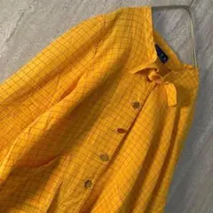 ヴィンテージ ブラウス 七分袖 リボン チェック 刺繍 古着 オレンジ レッド