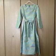 着物リメイク　大島紬　正絹　ワンピース　緑系ストライプウエストリボン着物