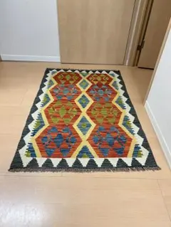 幾何学模様 手織り？インドラグ 約200cm×200cm ウール エスニック