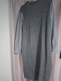 グレー ケーブル編み ニットシャツドッキングワンピース Lサイズ