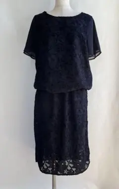 黒 レース セットアップ 膝丈 フレンチスリーブ