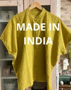 バンドカラードルマンスリーブ風ブラウス　インド製　インド綿　インドコットン