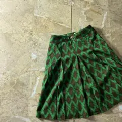 レトロ 古着 総柄 幾何学模様 フレアスカート グリーン ブラウン 個性的 古着