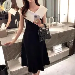 美シルエット ビックカラー フレアワンピース ロング 清楚 お呼ばれ 上品 L