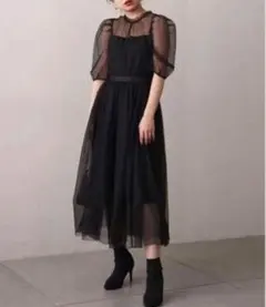 【美品✨】ドットチュール切り替えフレアドレス salon by chico