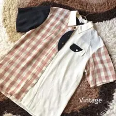 ⭐️レトロ古着　アシメ　デザイン　シャツ⭐️国産　チェック　vintage 半袖　夏のサムネイル
