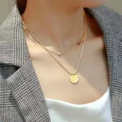 一粒ジルコニア ネックレス 【大人気】 ゴールド ２連 コイン サージカルステン
