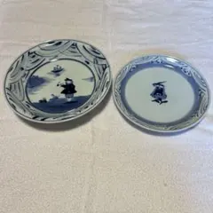 美品・有田焼】しん窯 青花 南蛮異人 カレー皿＆丸皿 2枚セット（メルカリ便