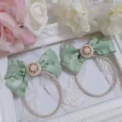 ミントグリーン お花 レース リボン ツインヘアゴム