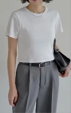 Re:EDIT★ホワイト　テレコリブクロップド半袖Tシャツ