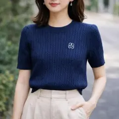 スナイデル　ワンポイント　ロゴ刺繍　半袖　ネイビー　ニット　セーター　レディース