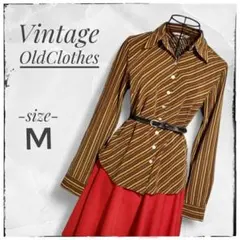 80年代ヴィンテージ 古着シャツ / ブラウン斜めストライプ長袖シャツ サイズMのサムネイル