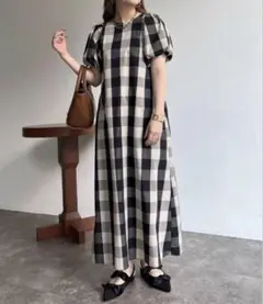 袖ボリュームバックオープンチェックワンピース