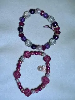 紫とピンクのビーズブレスレット2点セット