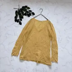 7756✾エヘカソポ✾サマーニット【M】イエロー/Vネック/コットン混/長袖のサムネイル