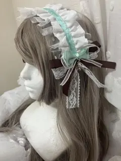 ハンドメイド　チョコミントのリボンいっぱいくまちゃんヘッドドレス