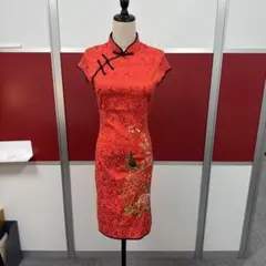 孔雀刺繍 チャイナドレス 半袖 レッド