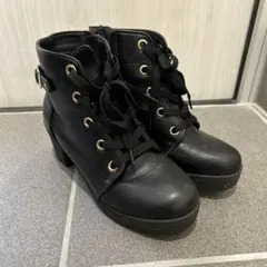 ブラック レースアップ ブーツ 厚底ショートブーツ サイドジッパー INGNI
