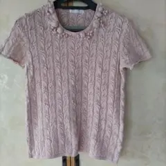 インゲボルグ　レース編み 花モチーフ 半袖ニット　くすみピンク