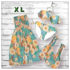 〖新品〗体型カバー 花柄 ビキニ 水着 4点セット XL セパレート ワンピース
