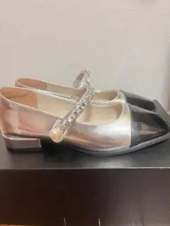 シルバー ブラック メリージェーン フラットシューズ