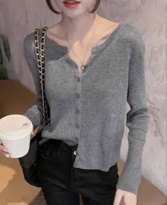 リブニット 長袖 カーディガン グレー SHEIN