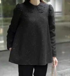 ユイットブーケ　レース襟付き スパンコール ツイード トップス　ブラック　M