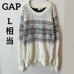 GAP 総柄 コットン ニット セーター ホワイト ブラック 白黒【L】US古着