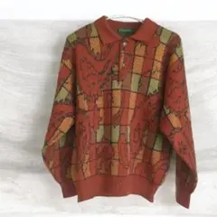 総柄 ニットセーター 毛100% M レトロ 古着女子 秋冬 オレンジ ブラウン